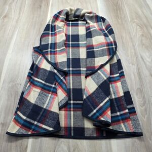 Altar'd State Vest Plaid Draped Open Front Shawl Collar Large Navy Red Womens L